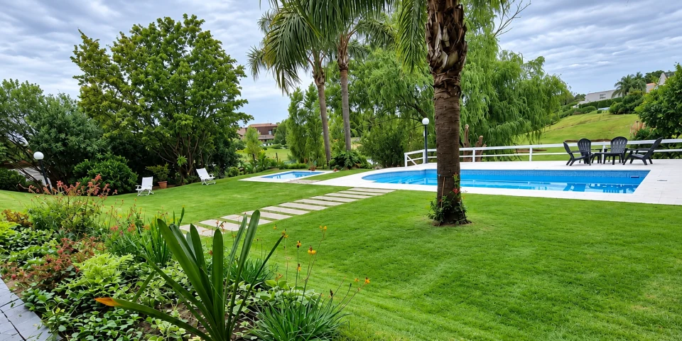 Jardín con césped, cantero curvo, palmera y pileta