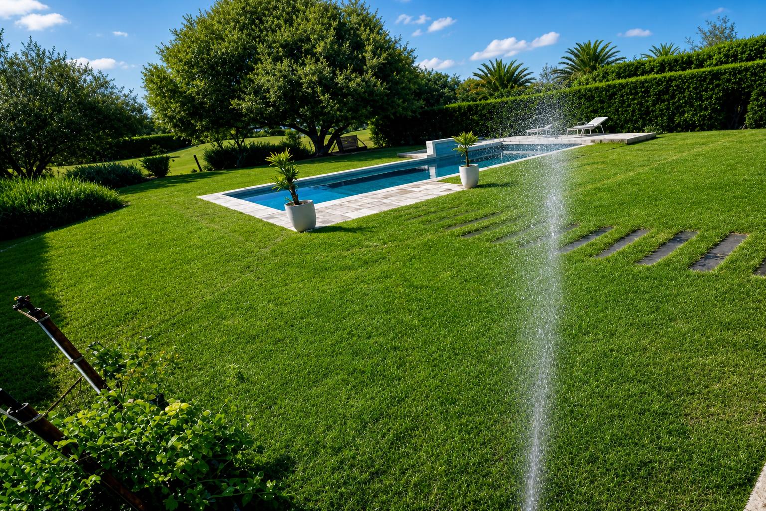 Jardín con césped, plantas y pileta, con el riego en funcionamiento